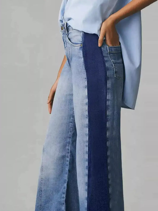 Two-Tone Wide Leg Blue Jeans, Female | Tigbuls Variety Fashion