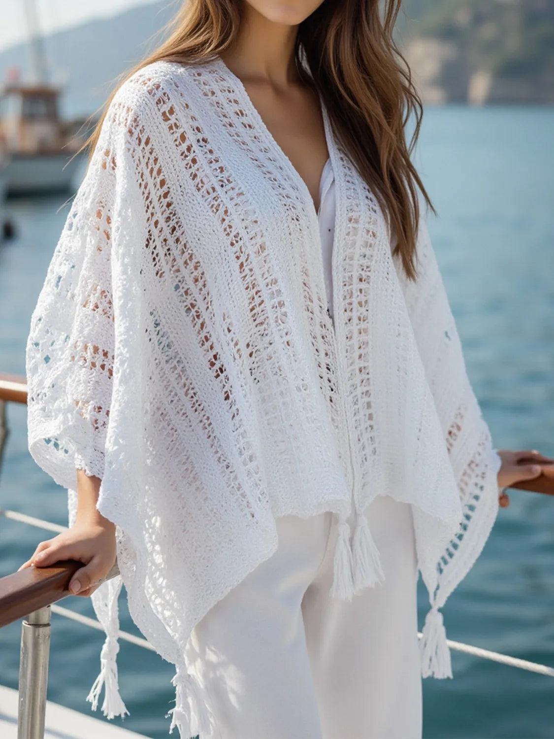 Openwork Tassel Open Front Knit Cover Up - Tigbul's Variety Fashion Shop