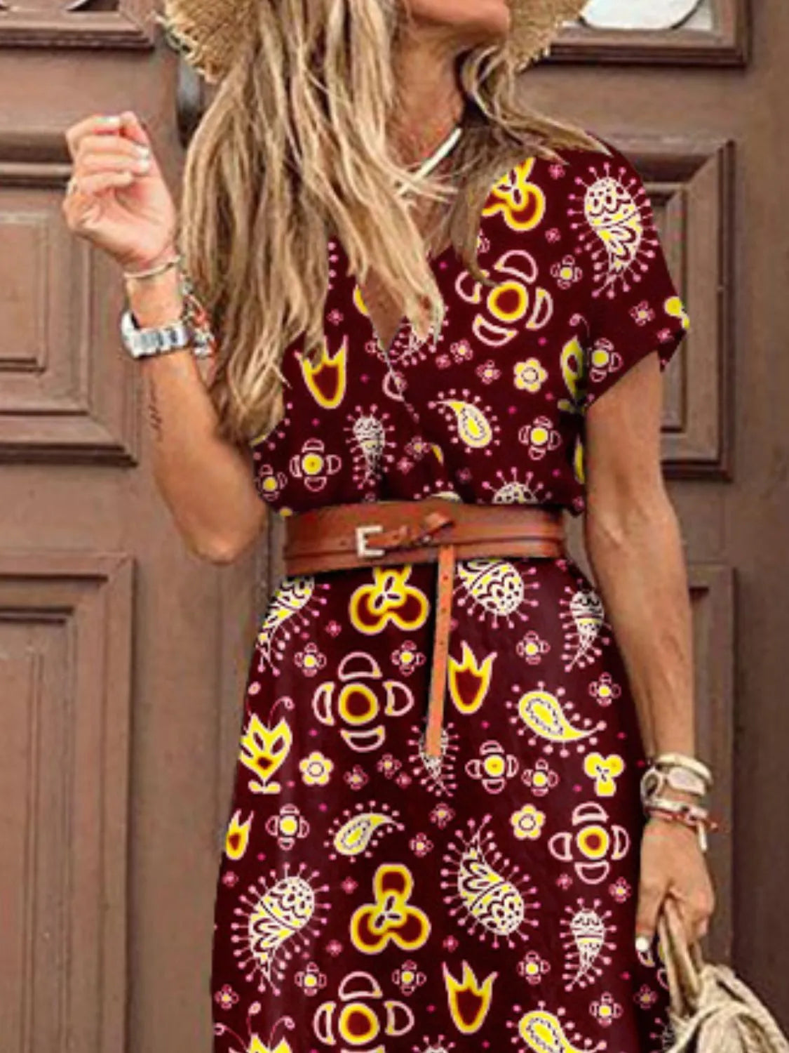 Full Size Printed V-Neck Short Sleeve Maxi Dress Plus Size - Tigbul's Variety Fashion Shop