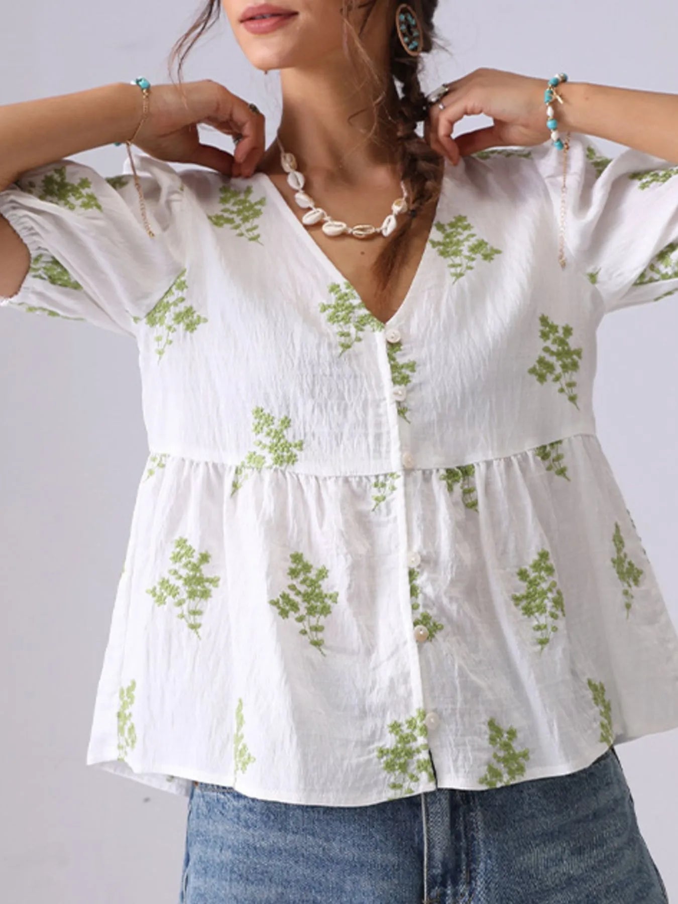 Embroidered V-Neck Puff Sleeve Peplum Blouse - Tigbul's Variety Fashion Shop
