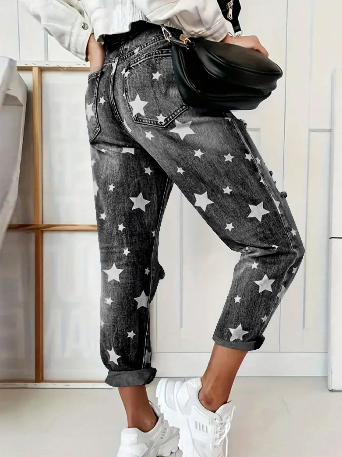 Star Print Distressed High Waist Boyfriend Jeans - Tigbul's Variety Fashion Shop