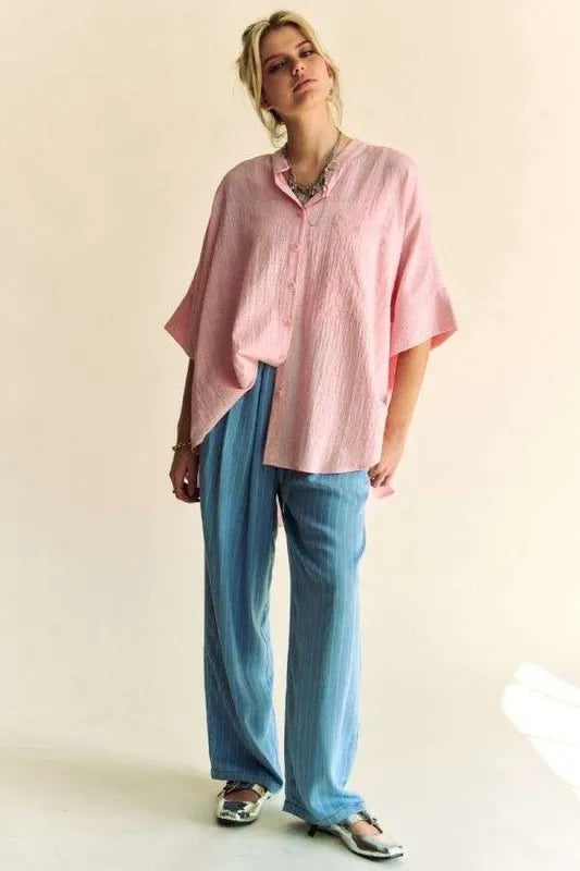 Pink Rhinestone Pleat Back Short Sleeve Loose Fit Shirt - Tigbul's Variety Fashion Shop