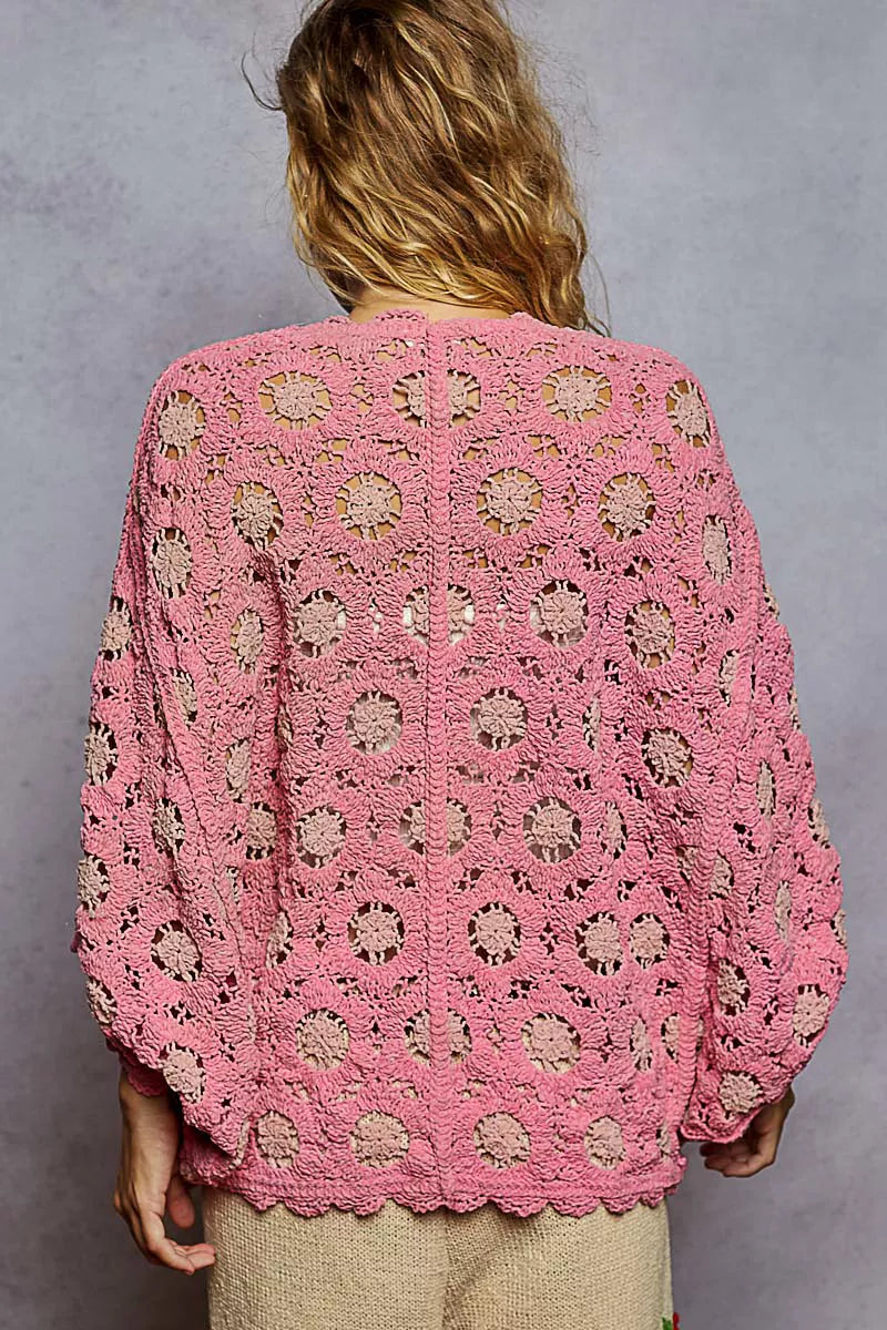 POL Openwork V-Neck Chenille Cardigan with Contrast Floral - Tigbul's Variety Fashion Shop