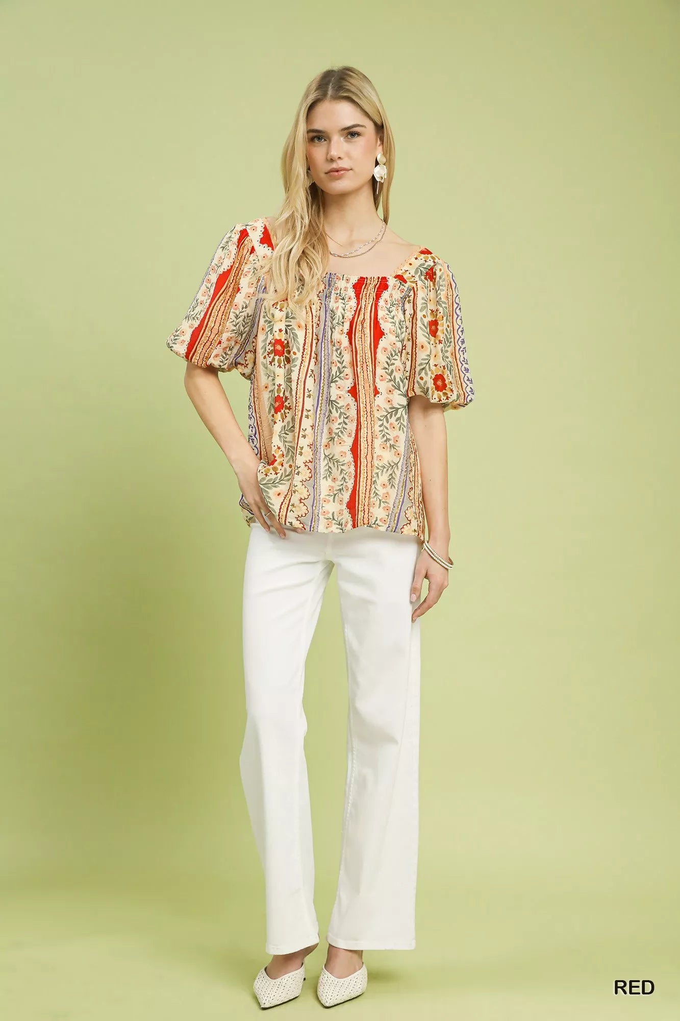 Umgee Patchwork Puff Sleeve Smocked Blouse - Tigbul's Variety Fashion Shop