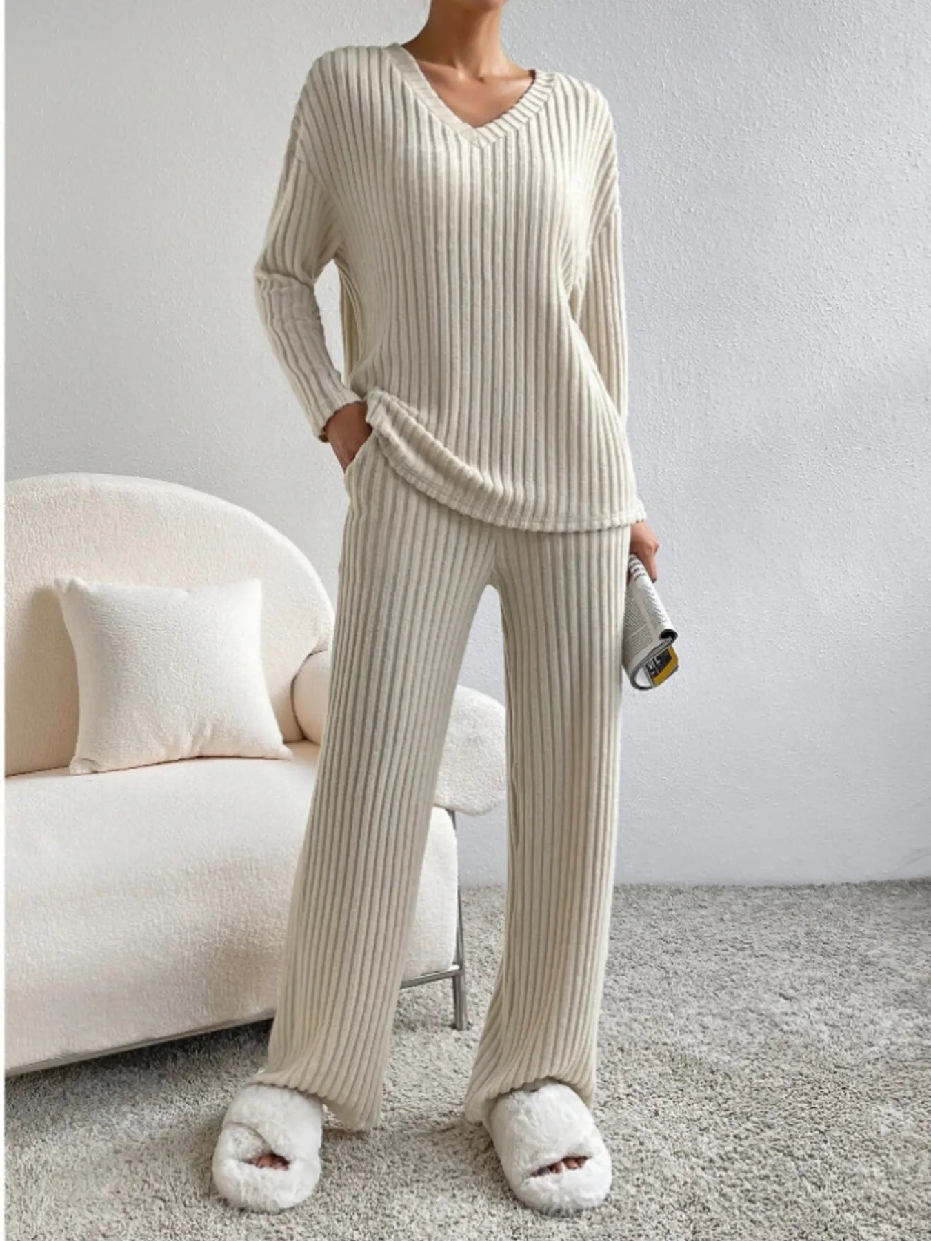 Ribbed Knit V-Neck Top and Pants Lounge Set - Tigbul's Variety Fashion Shop