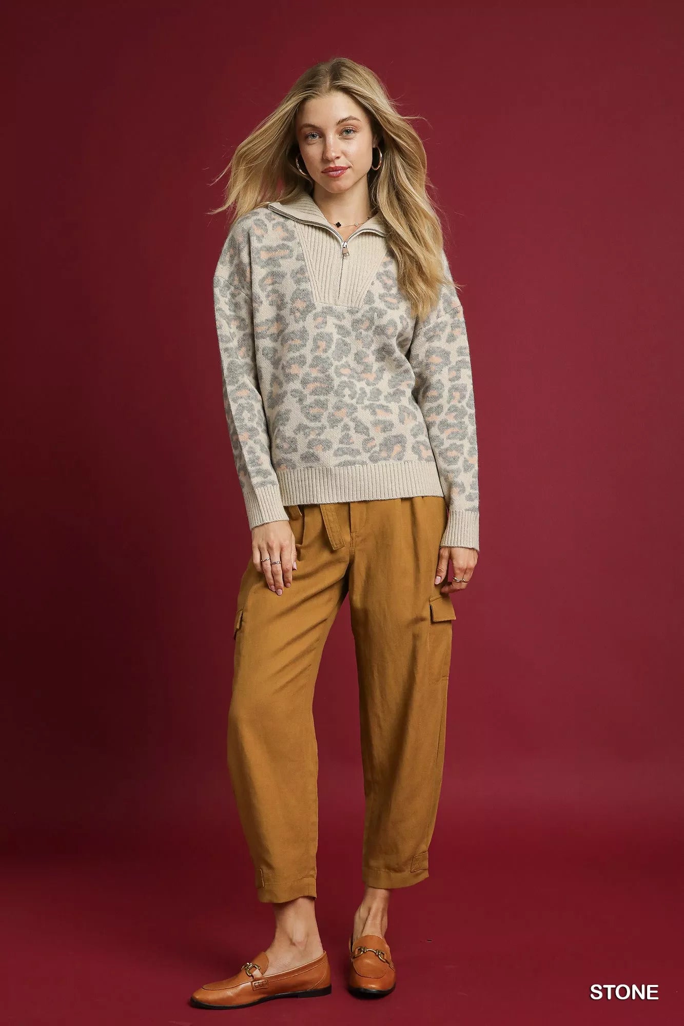 Umgee Leopard Print Quarter-Zip Knit Sweater - Tigbul's Variety Fashion Shop