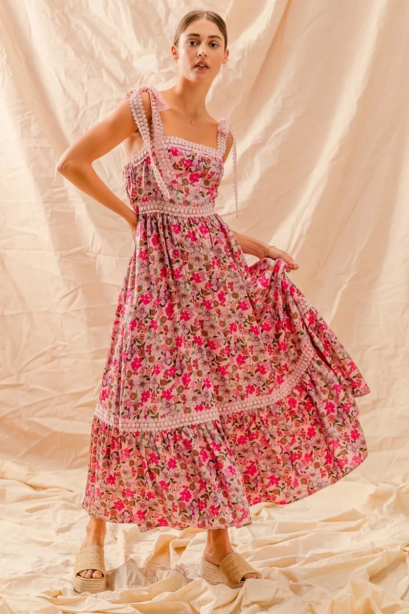 SO ME Floral Maxi Dress With Ribbon Tie Lace Strap - Tigbul's Variety Fashion Shop