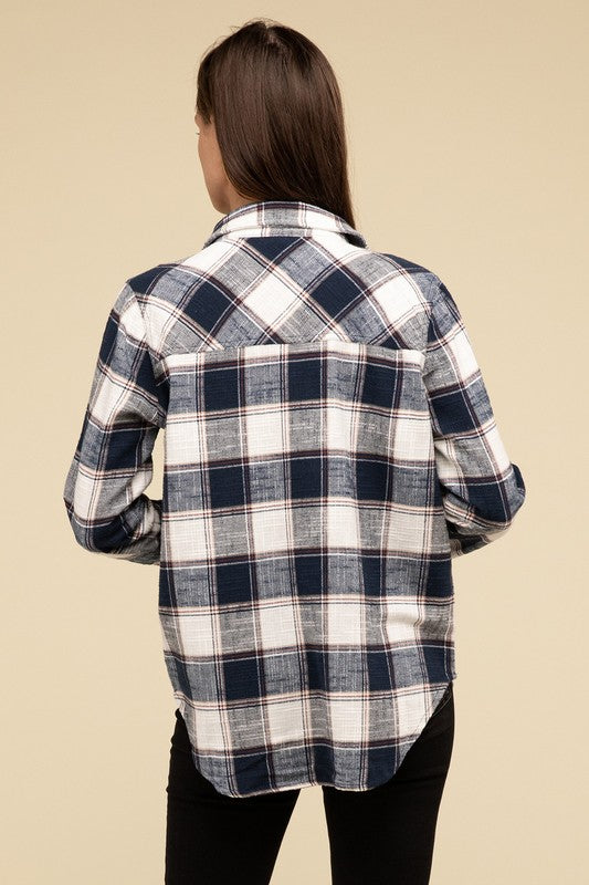 Cotton Plaid Shacket With Front Pocket - Tigbul's Variety Fashion Shop