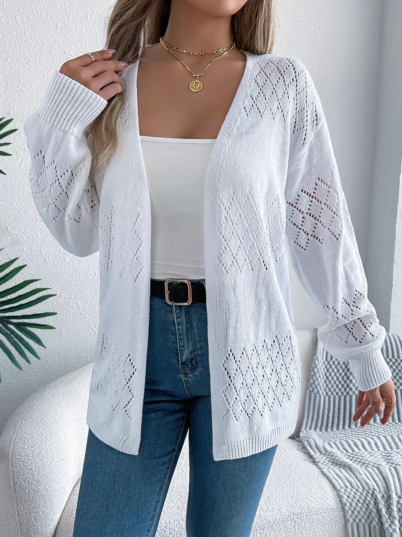 Openwork Open Front Long Sleeve Cardigan - Tigbul's Variety Fashion Shop