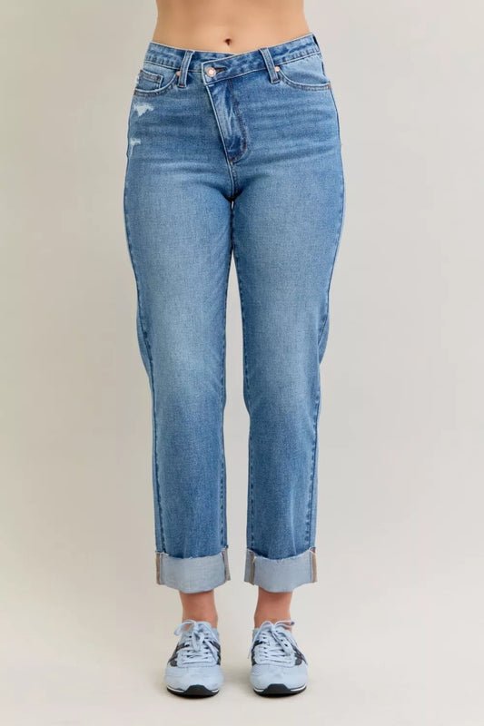 Judy Blue High Waist Bf Criss-cross Mild Destroy Jeans with Single Cuff - Tigbul's Variety Fashion Shop
