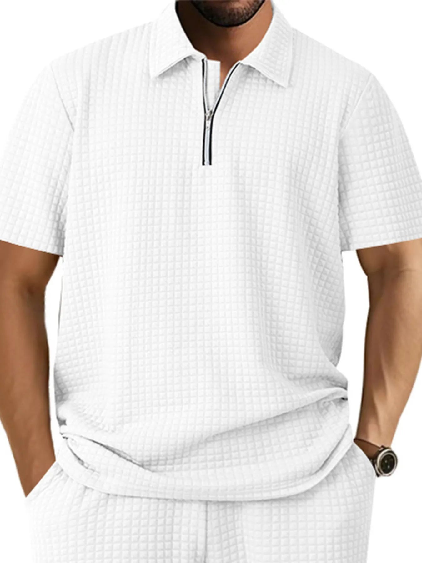 Men's Full Size Waffle Short Sleeve Polo with Zipper Detail Plus Size - Tigbul's Variety Fashion Shop