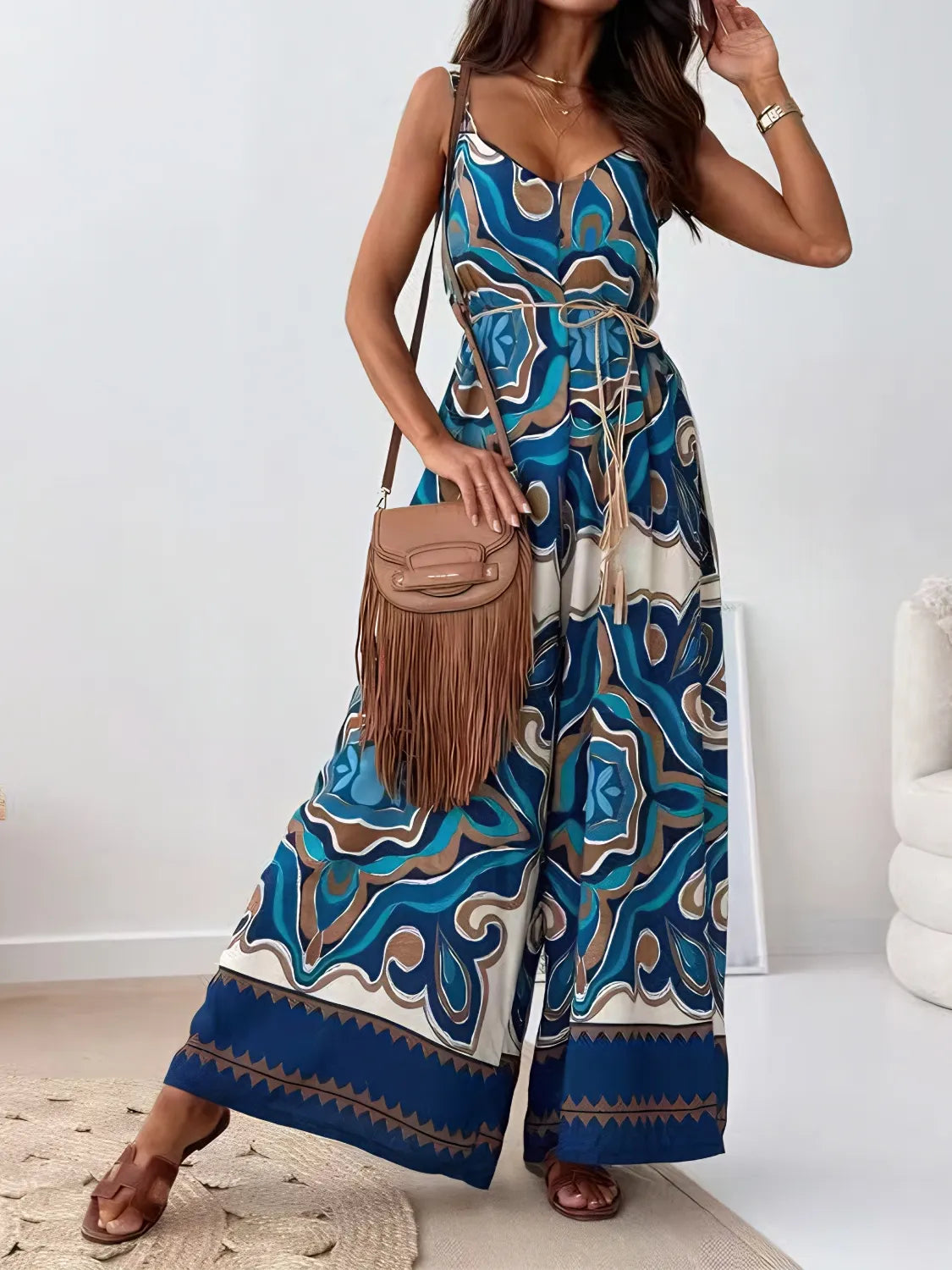 Printed V-Neck Wide Leg Jumpsuit - Tigbul's Variety Fashion Shop
