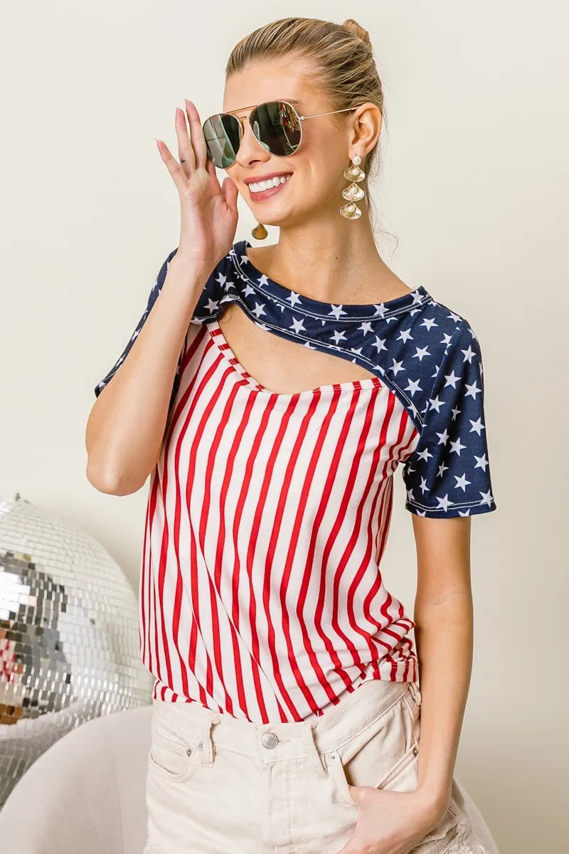 American Flag Theme Front Cut Out Top - Tigbul's Variety Fashion Shop