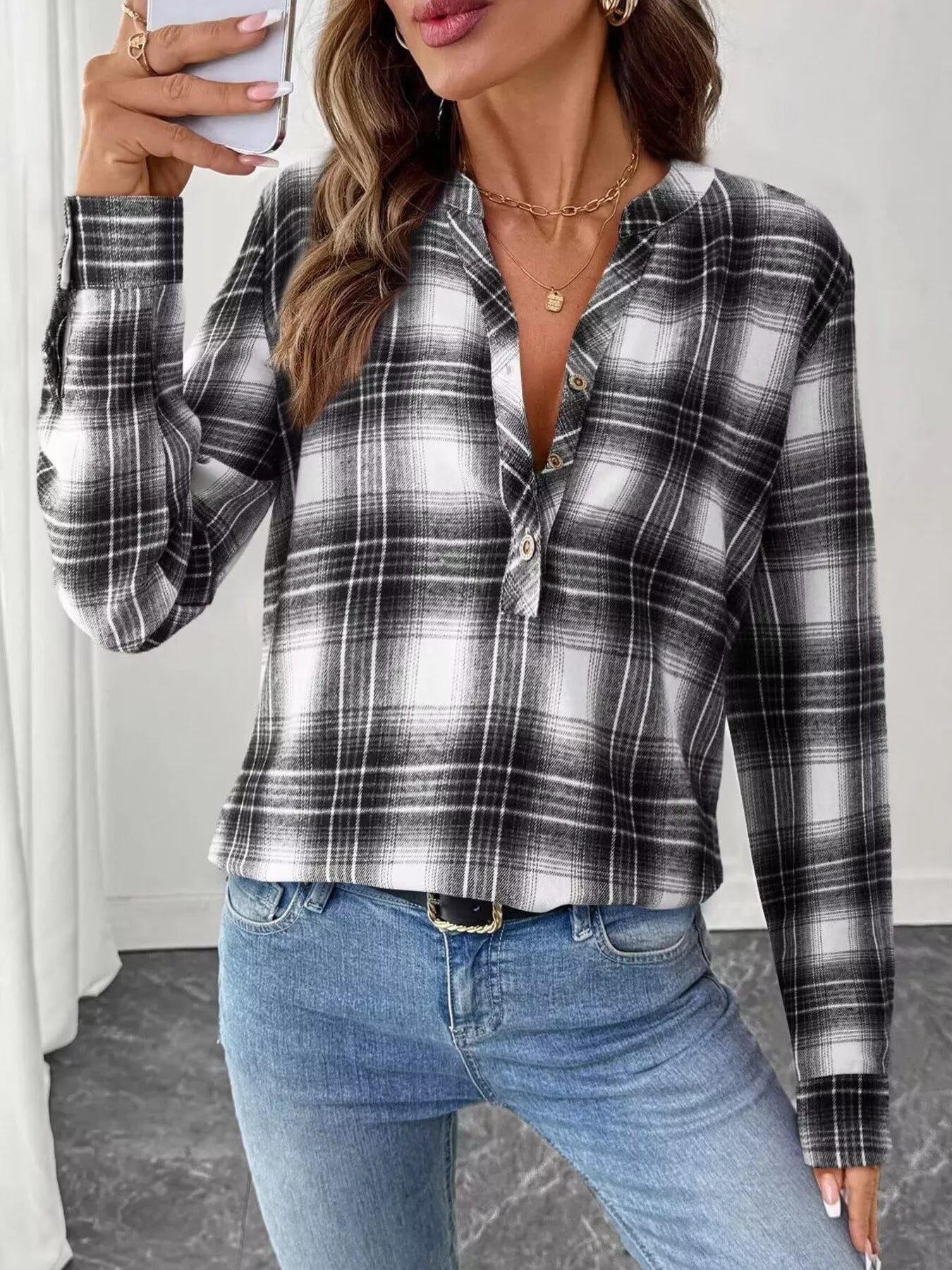 Plaid Half Button Long Sleeve Blouse - Tigbul's Variety Fashion Shop