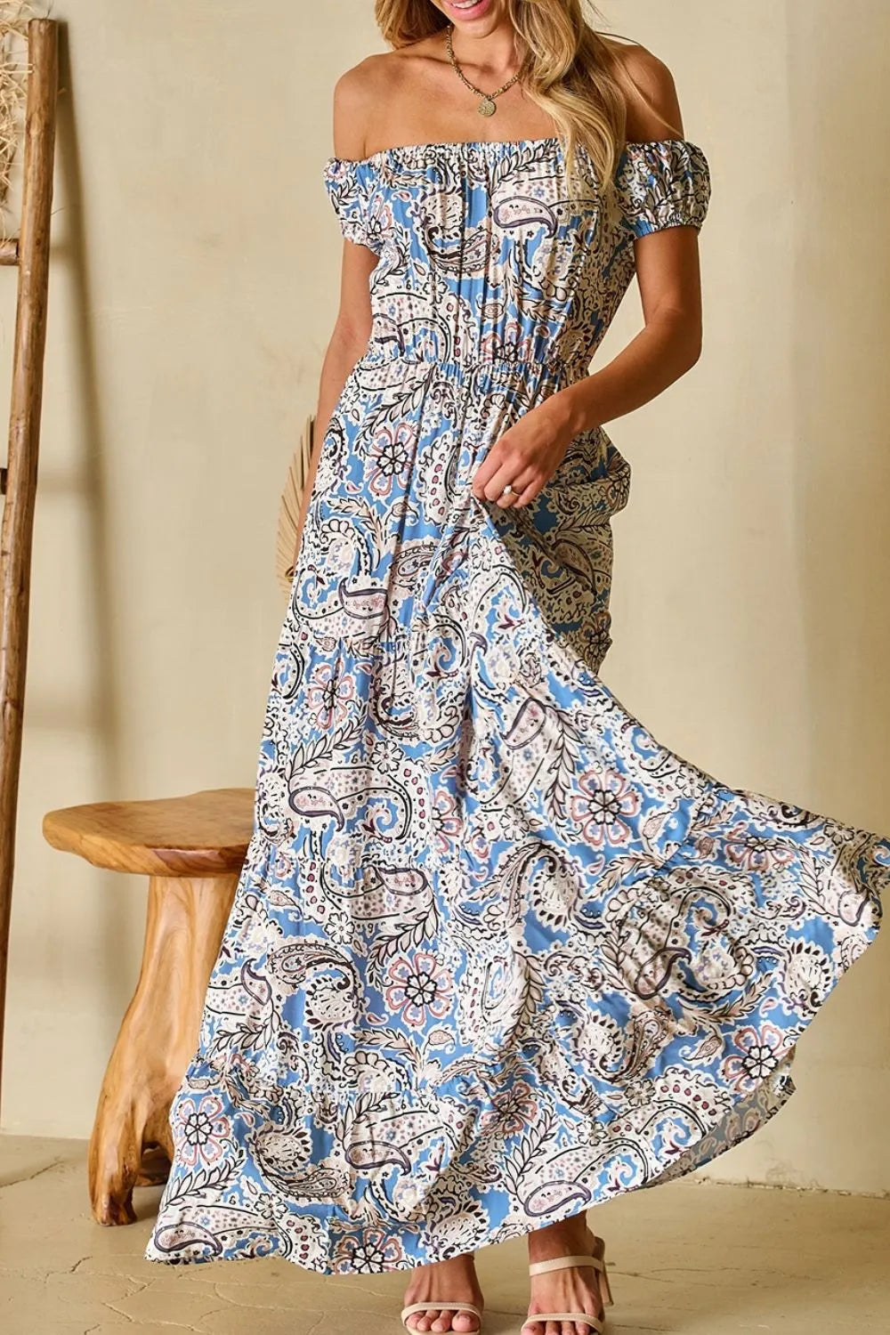 Boho Paisley Print Off Shoulder Maxi Dress - Tigbul's Variety Fashion Shop