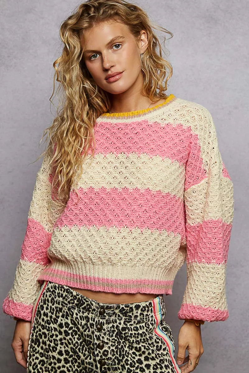 POL Contrast Striped Round Neck Sweater with Textured Cable Knit Pattern - Tigbul's Variety Fashion Shop