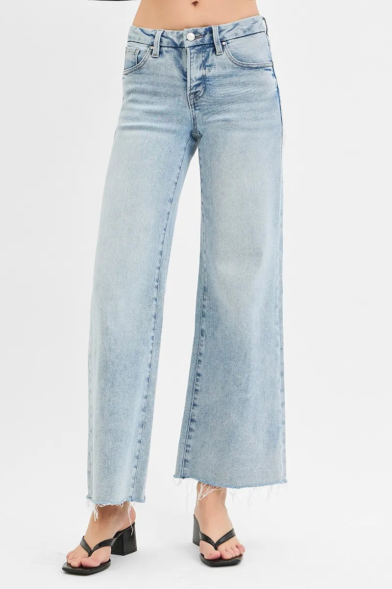 RISEN Full Size Tummy Control Low Rise Wide Leg Raw Cut Hem Jeans Plus Size - Tigbul's Variety Fashion Shop