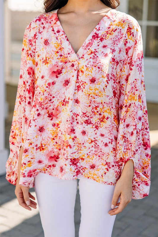 Women Pink Floral Bubble Sleeve V Neck Blouse - Tigbul's Variety Fashion Shop