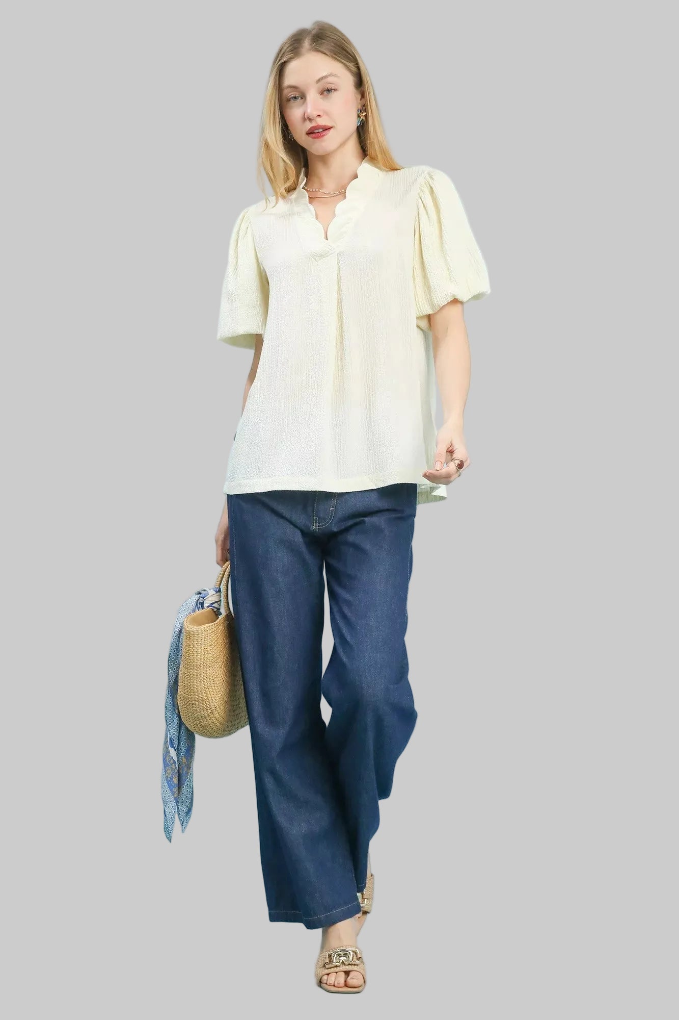 Seersucker Puff Sleeve Ecru Color Blouse - Tigbul's Variety Fashion Shop