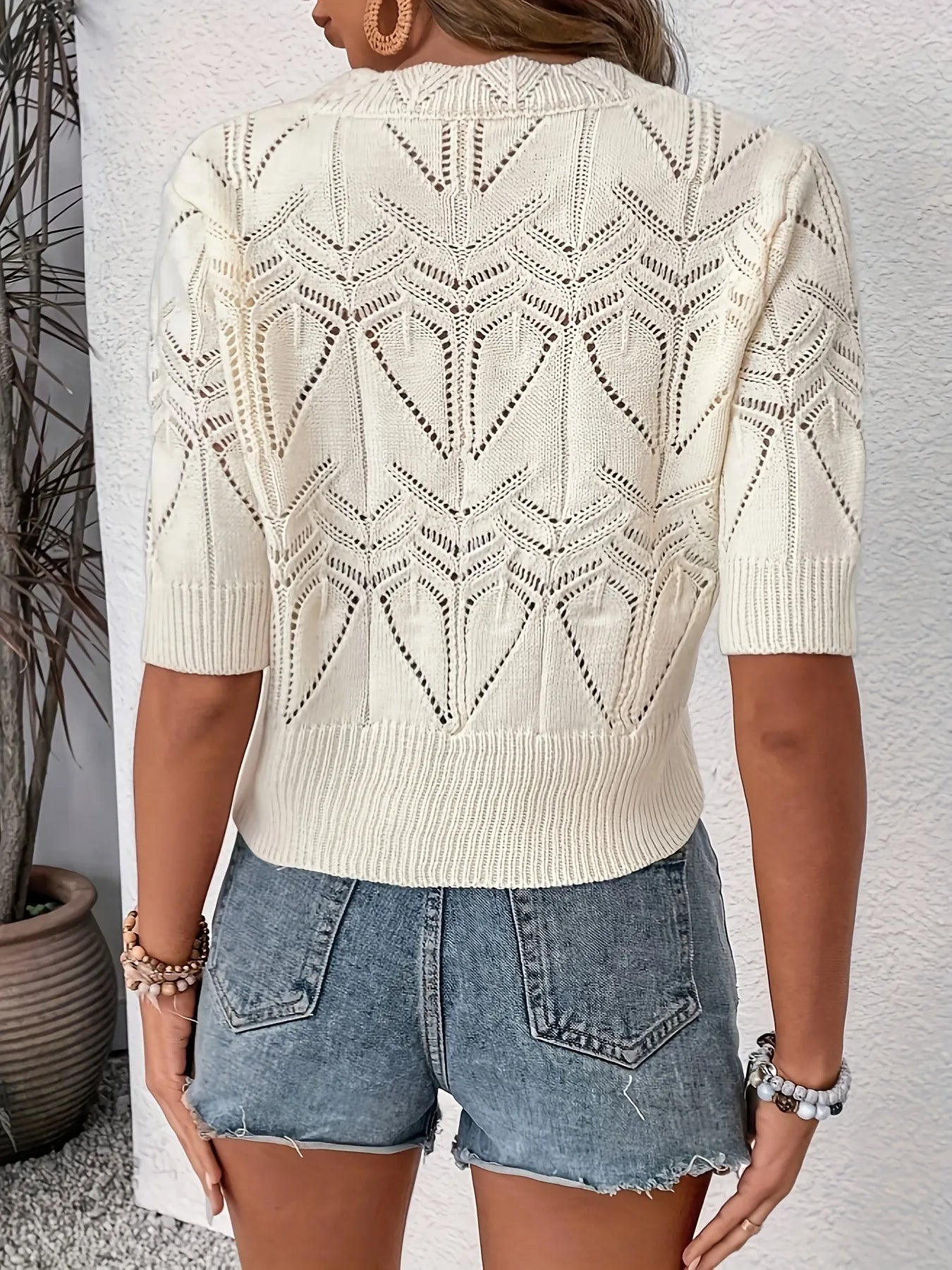 Openwork Round Neck Half Sleeve Sweater - Tigbul's Variety Fashion Shop