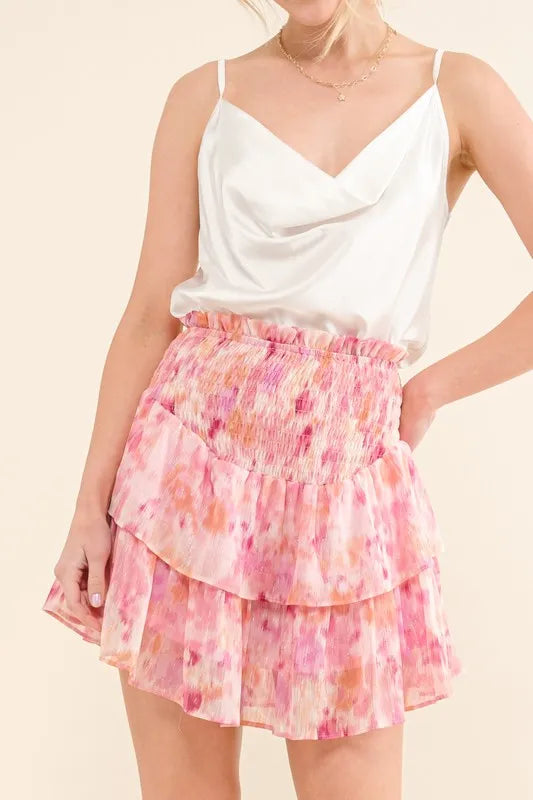 Printed Lurex Smocked Waist Tiered Skort - Tigbul's Variety Fashion Shop