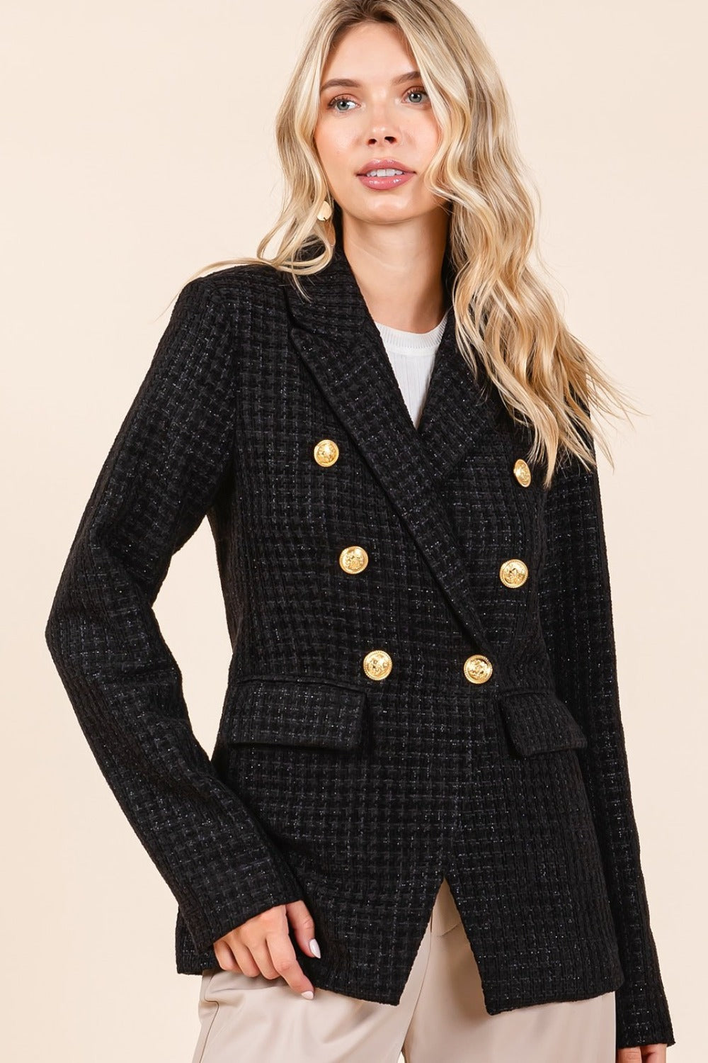 Mittoshop Plaid Texture Double-Breasted Long Sleeve Blazer - Tigbul's Variety Fashion Shop