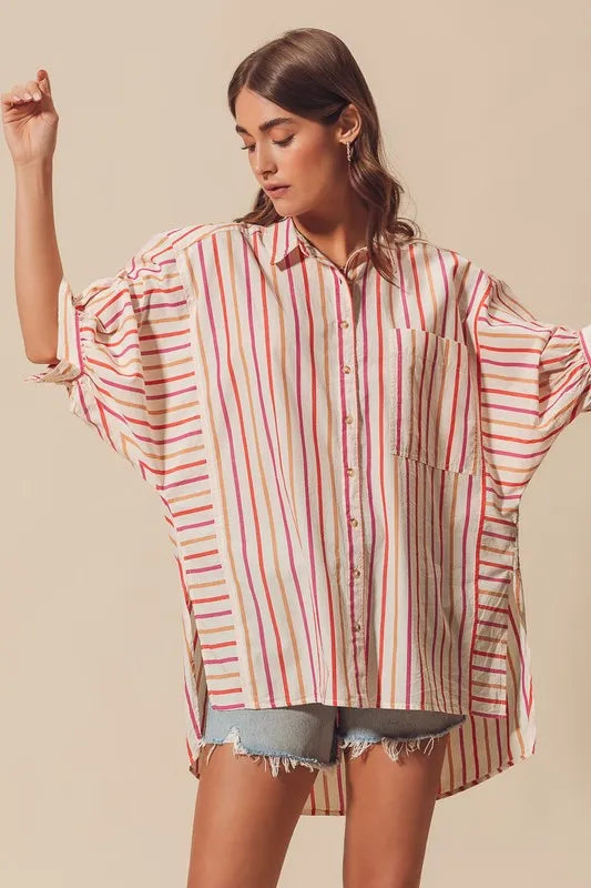 Pink Multicolored Stripe Button Down Shirt - Tigbul's Variety Fashion Shop