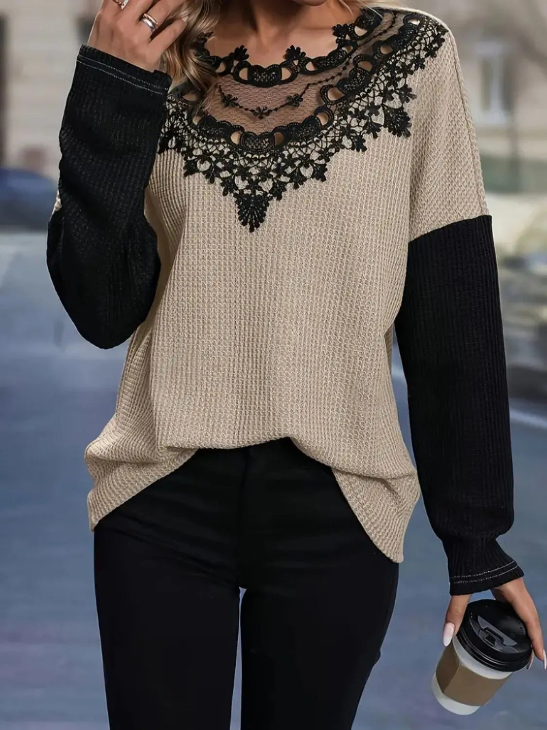 Contrast Lace Round Neck Long Sleeve T-Shirt - Tigbul's Variety Fashion Shop