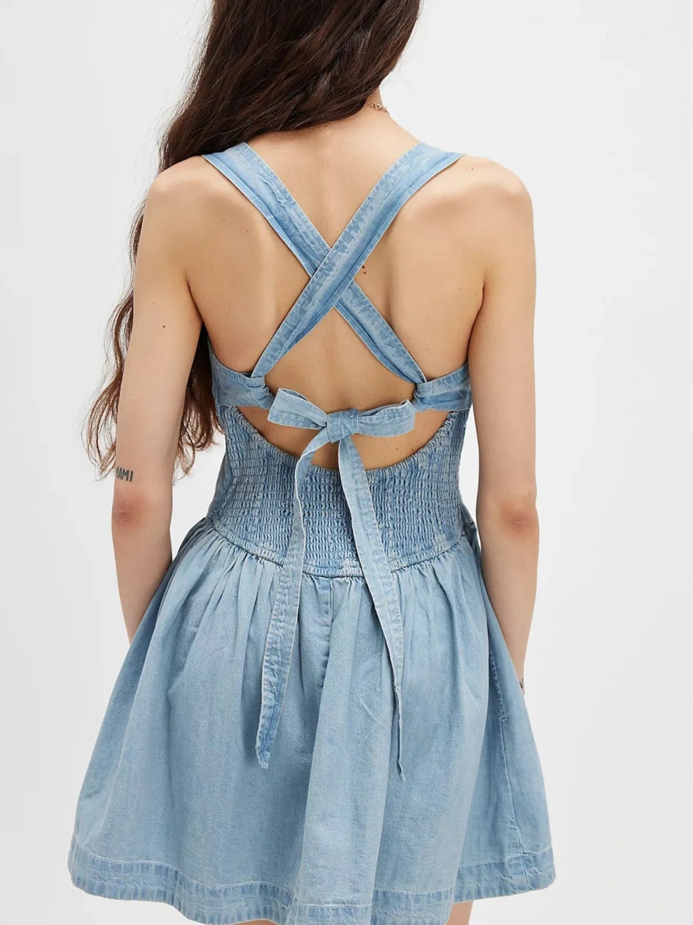 Smocked Crisscross Back Denim Mini Dress - Tigbul's Variety Fashion Shop