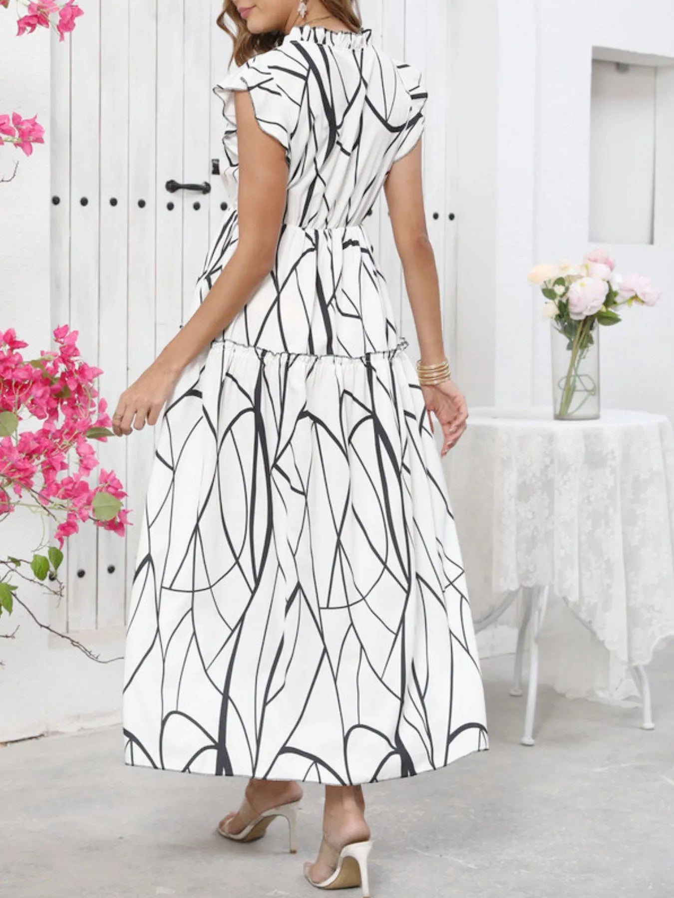 Abstract Print Ruffle Sleeve V-Neck Midi Dress - Tigbul's Variety Fashion Shop