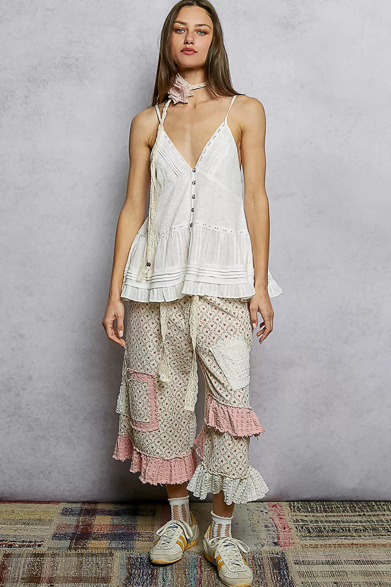 POL Button Front V-Neck Ruffled Cami with Pintuck Accents - Tigbul's Variety Fashion Shop