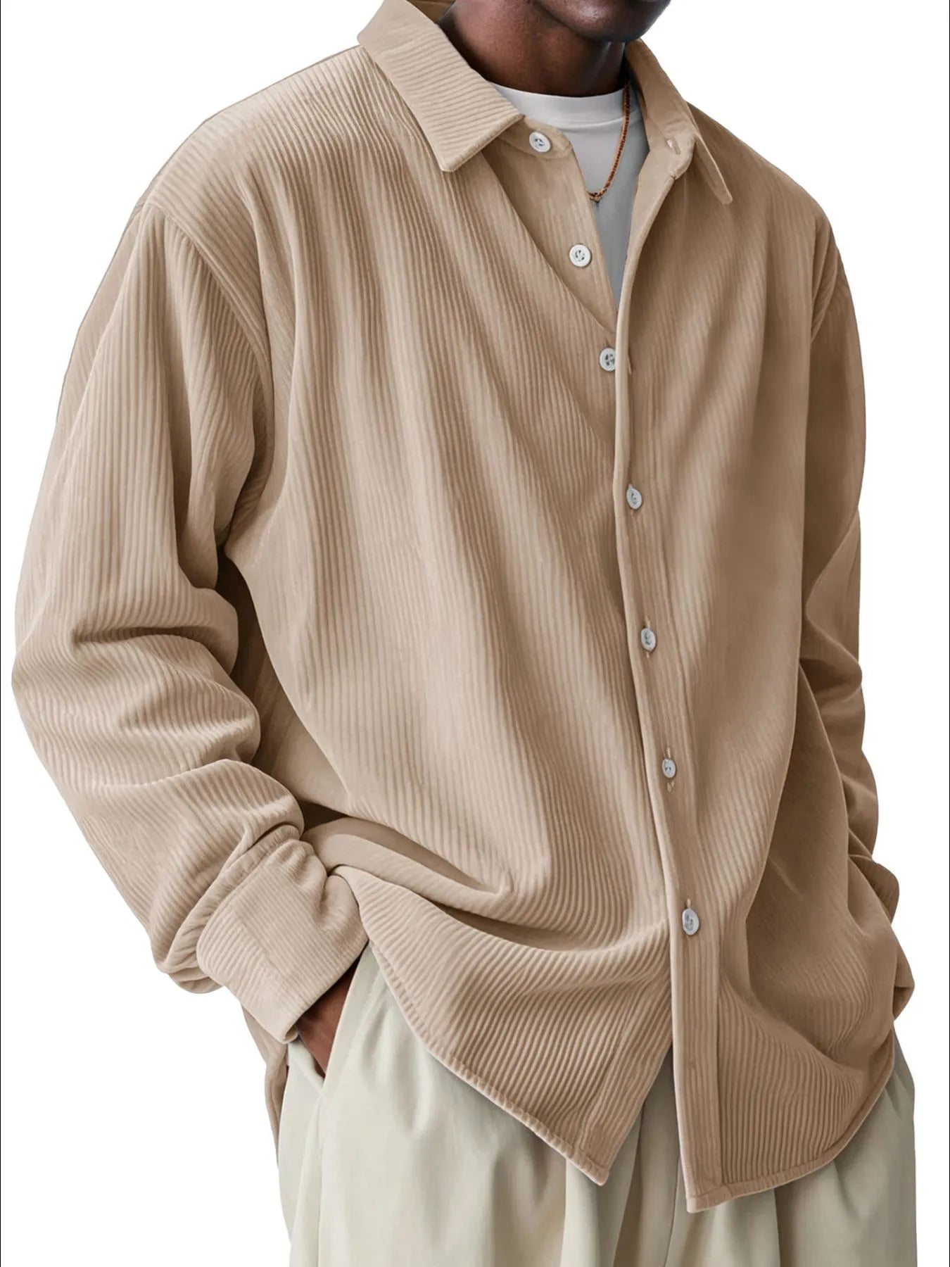 Men's Full Size Textured Button-Down Corduroy Shirt Plus Size - Tigbul's Variety Fashion Shop