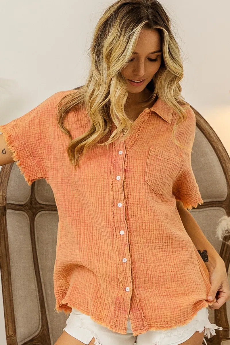 BiBi Mineral Washed Buttoned Up Shirt Top - Tigbul's Variety Fashion Shop