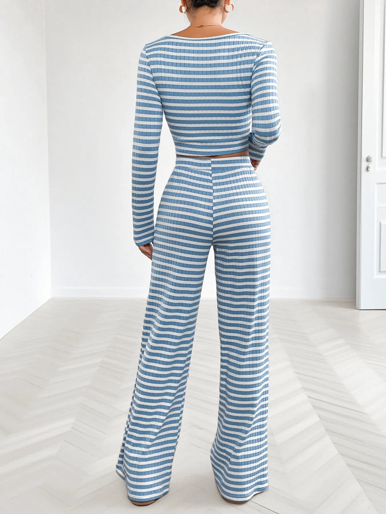 Striped Square Neck Long Sleeve Top and Pants Lounge Set - Tigbul's Variety Fashion Shop