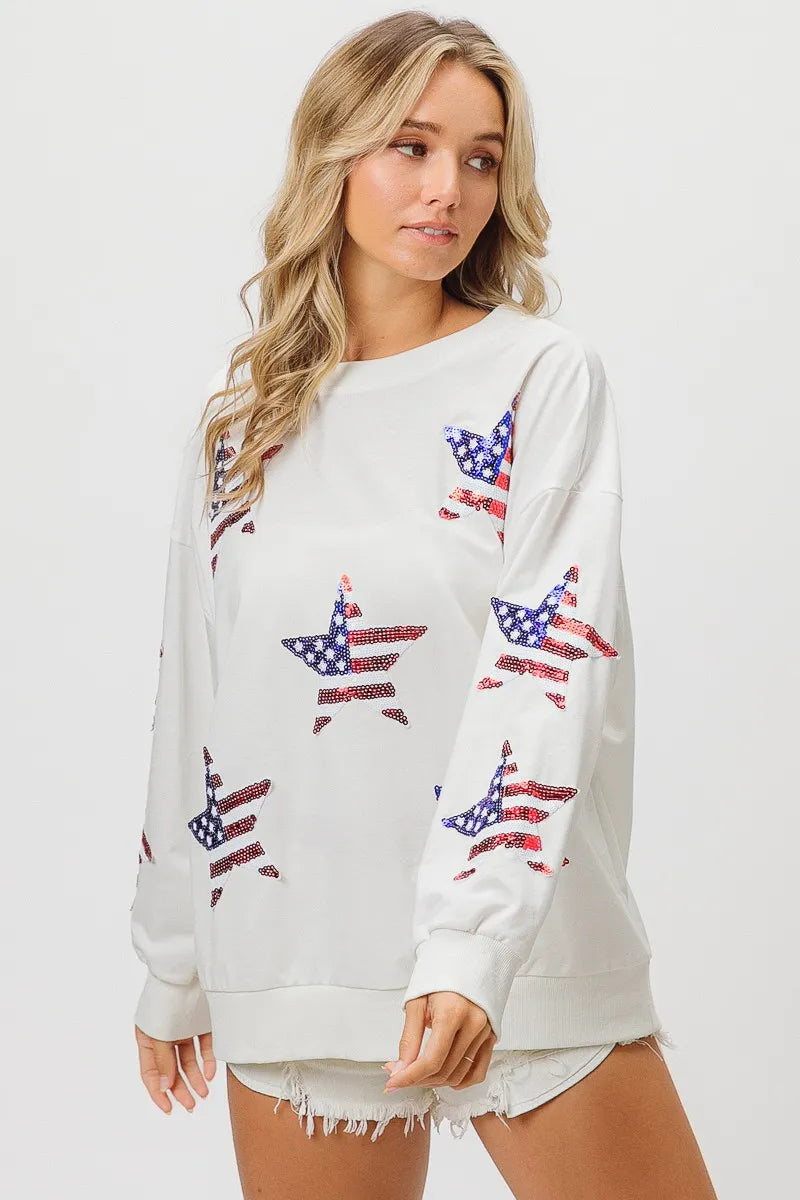 Off White American Flag Sequin Star Sweatshirt - Tigbul's Variety Fashion Shop