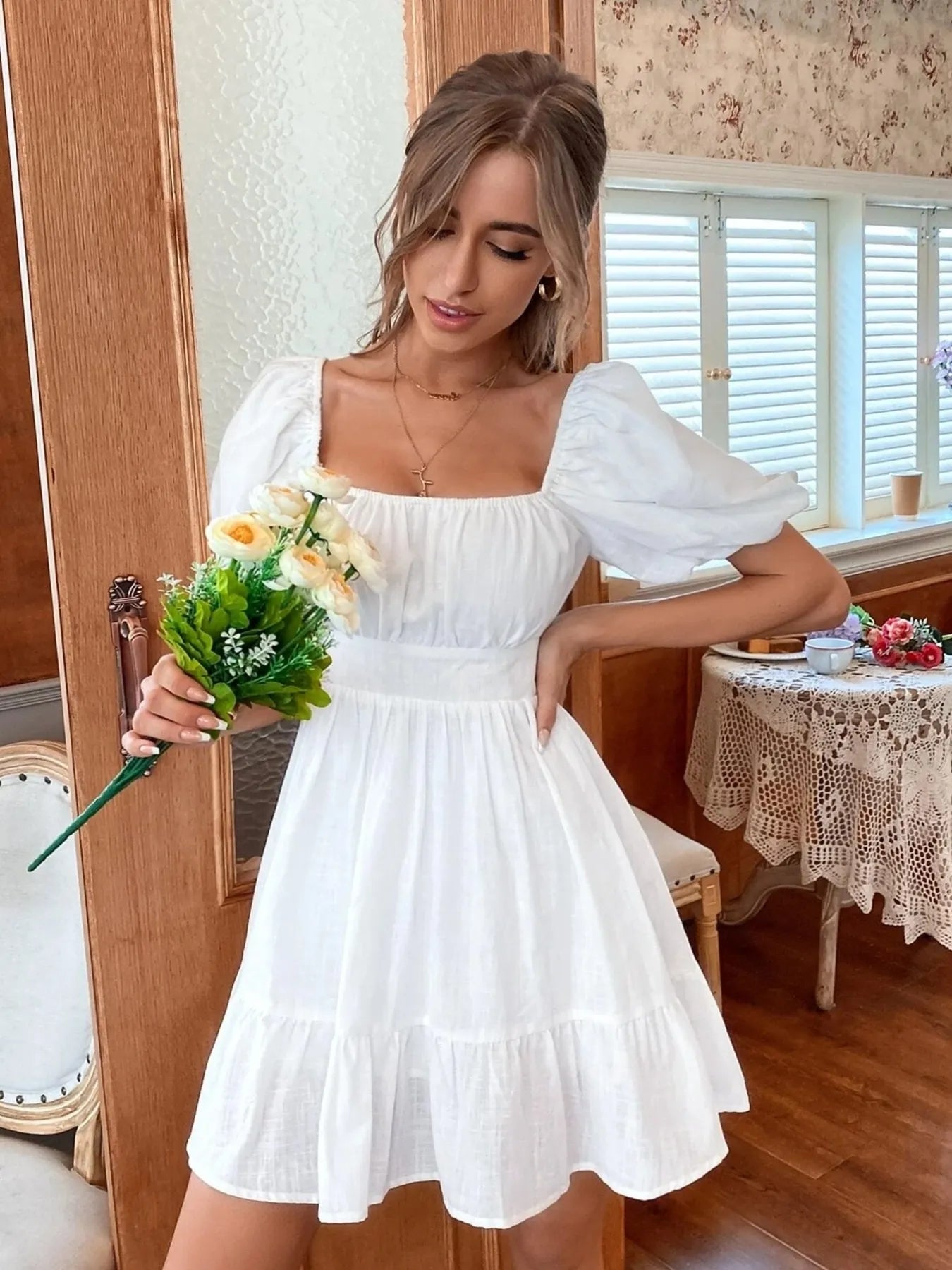 Square Neck Puff Sleeve Mini Dress - Tigbul's Variety Fashion Shop