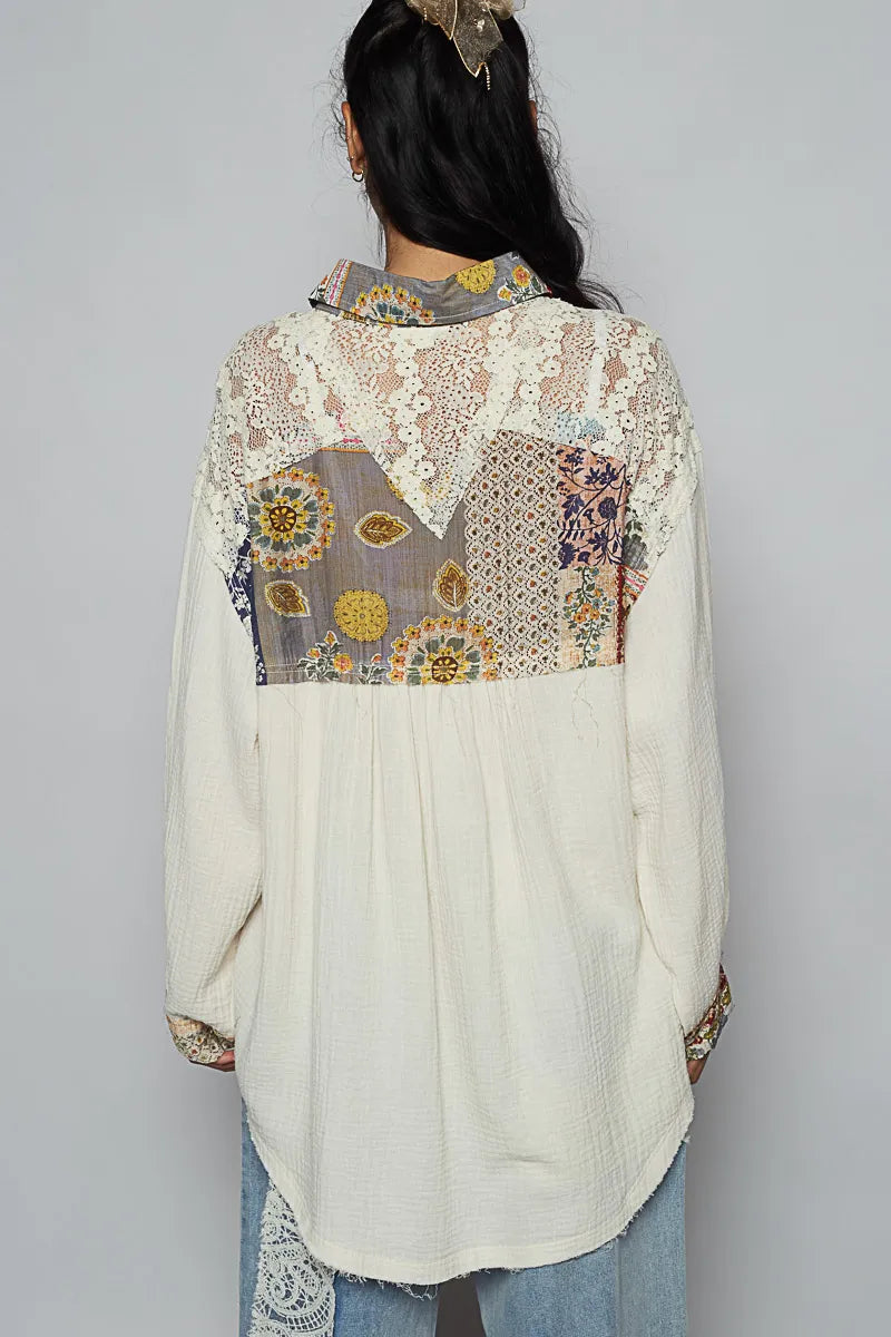 POL Lace Patchwork Floral Trim Long Sleeve Shirt - Tigbul's Variety Fashion Shop