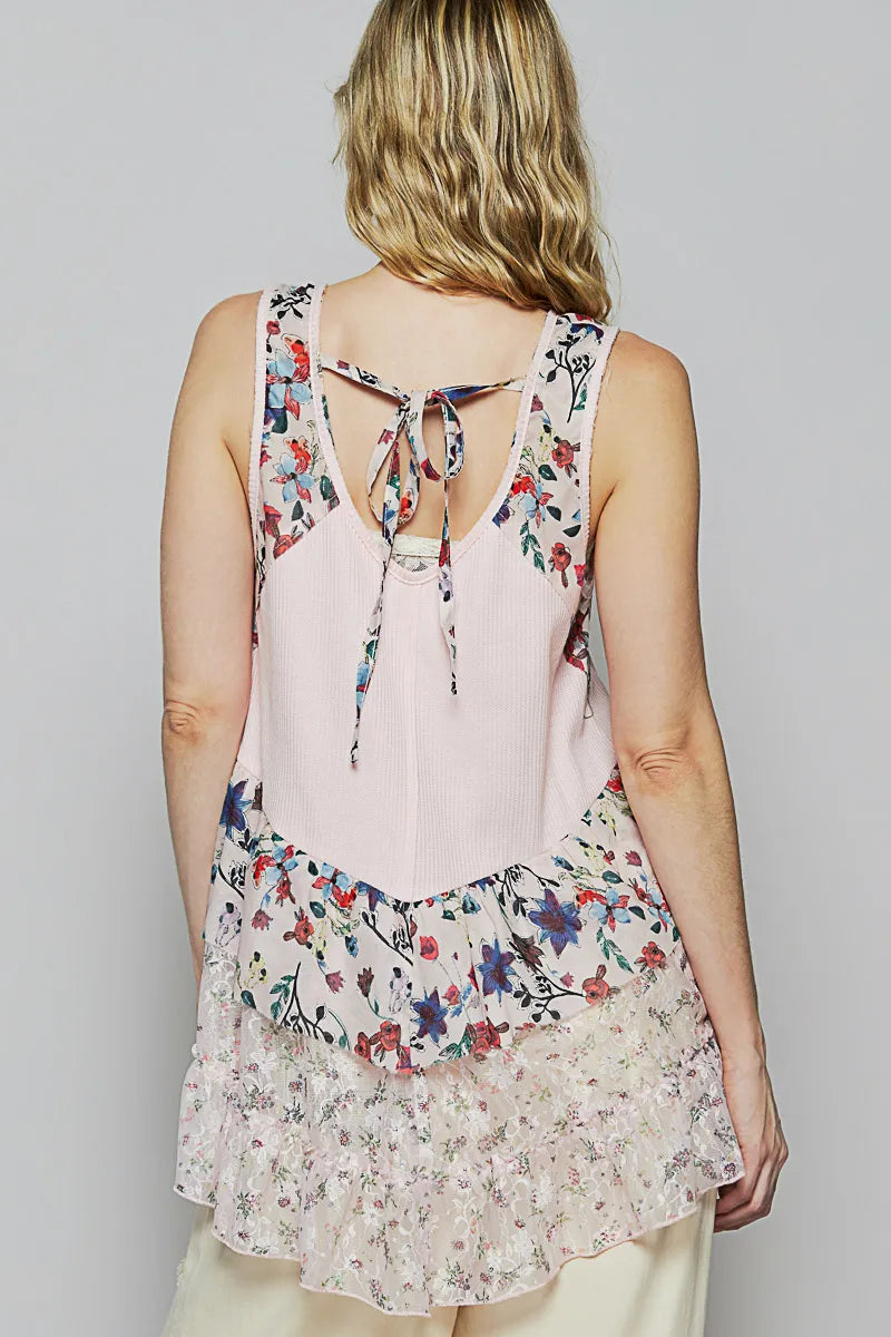 POL Floral Print Scoop Neck Tank with Lace Trim - Tigbul's Variety Fashion Shop