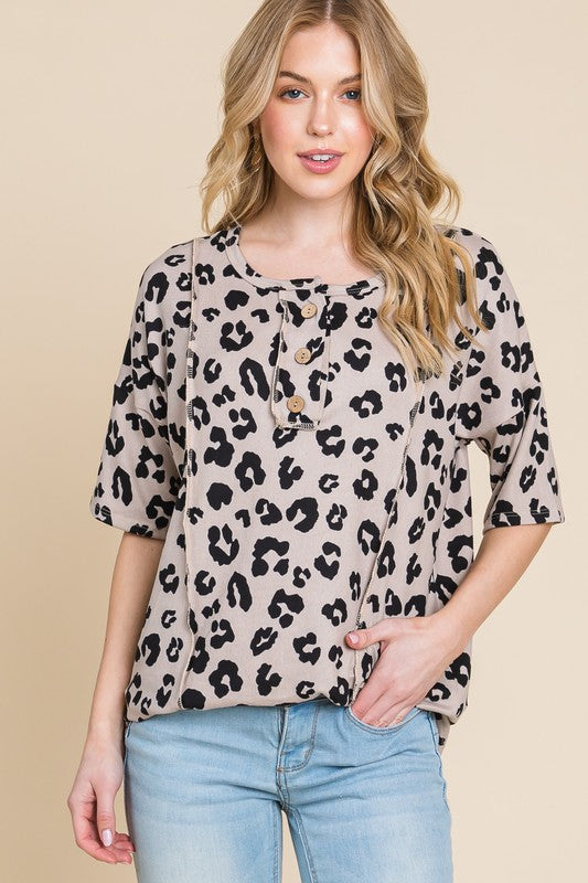 Button Detail Exposed Seam Leopard Half Sleeve Top - Tigbul's Variety Fashion Shop