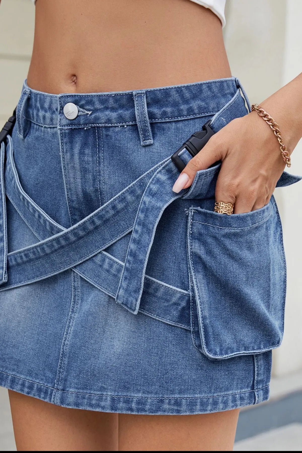 Criss-Cross Waist Detail Denim Mini Skirt - Tigbul's Variety Fashion Shop