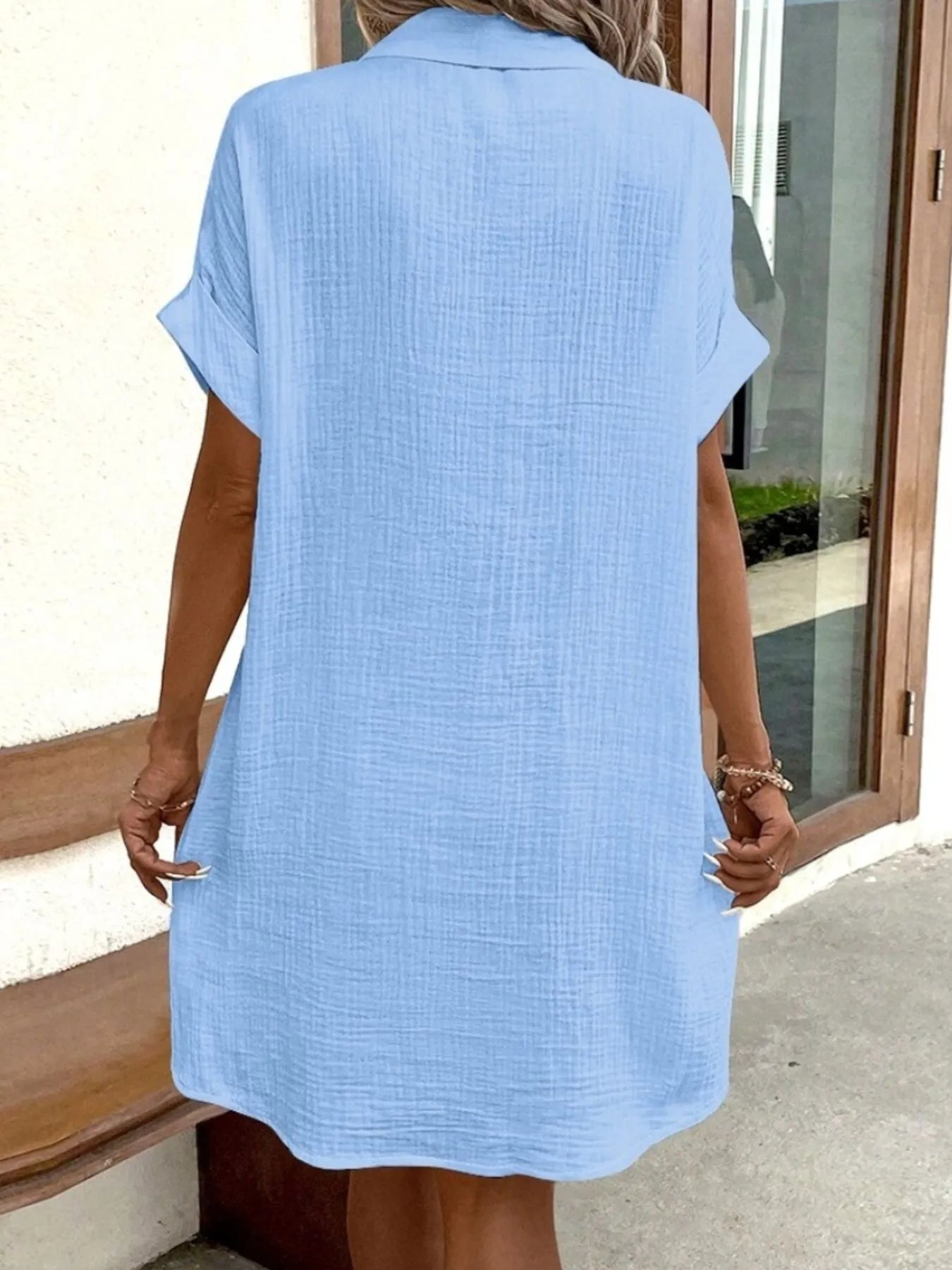 Casual Button Down Cotton Shirt Dress with Pockets - Tigbul's Variety Fashion Shop