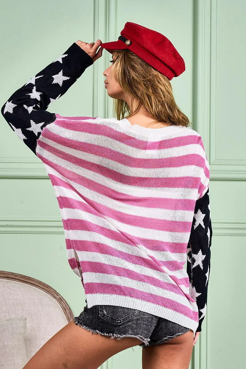 American Flag Low Gauge Knit Top - Tigbul's Variety Fashion Shop