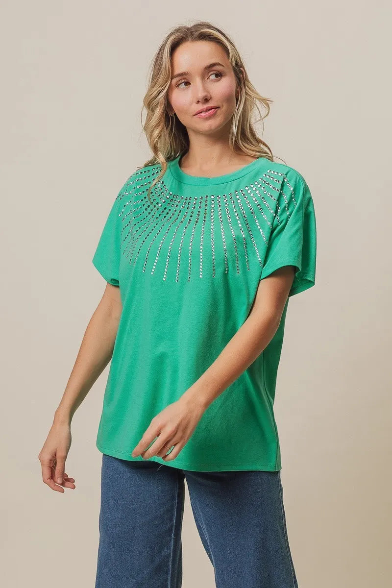 Rhinestone Beaded Short Sleeve Jade Green Top - Tigbul's Variety Fashion Shop