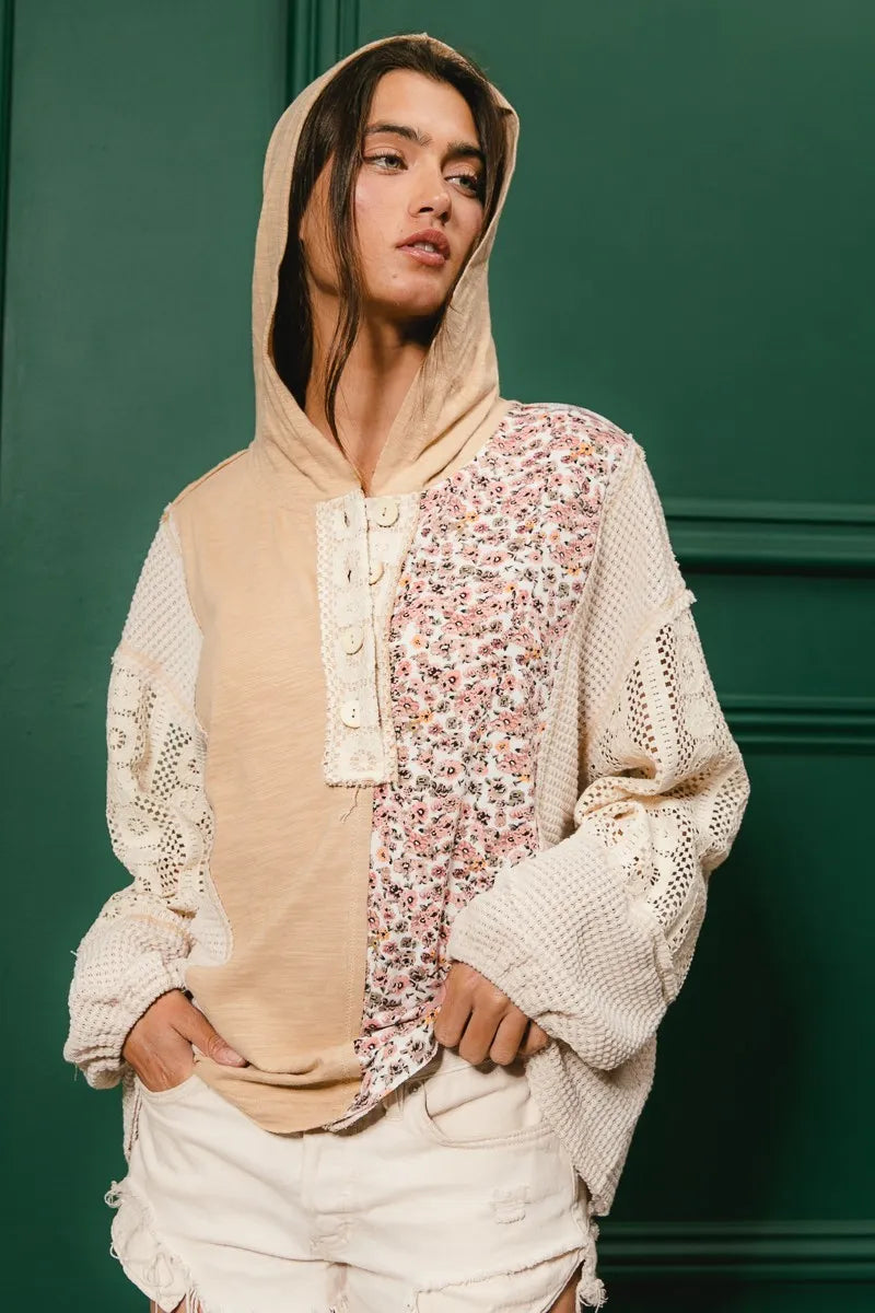 BiBi Slub Jersey with Lace Combo Buttoned Hoodie Top - Tigbul's Variety Fashion Shop