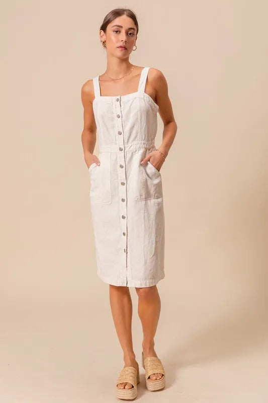 Button Down Pocket Front Off White Pinafore Dress - Tigbul's Variety Fashion Shop
