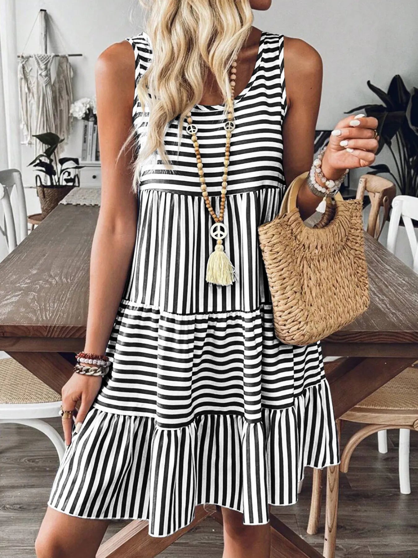 Casual Striped Tiered Ruffle Tank Dress - Tigbul's Variety Fashion Shop