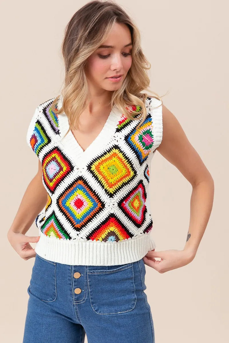 BiBi Diamond Granny Square Sweater Vest - Tigbul's Variety Fashion Shop