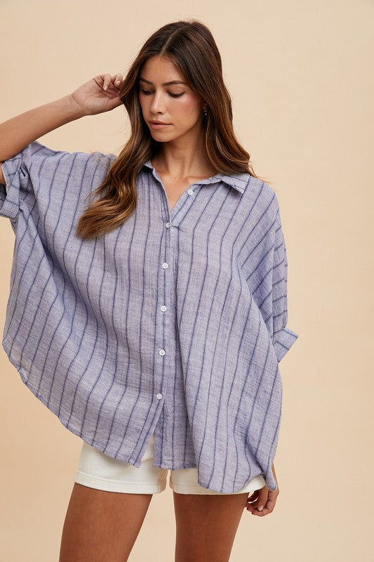 Dusty Blue Striped Button Up Half Sleeve Shirt - Tigbul's Variety Fashion Shop
