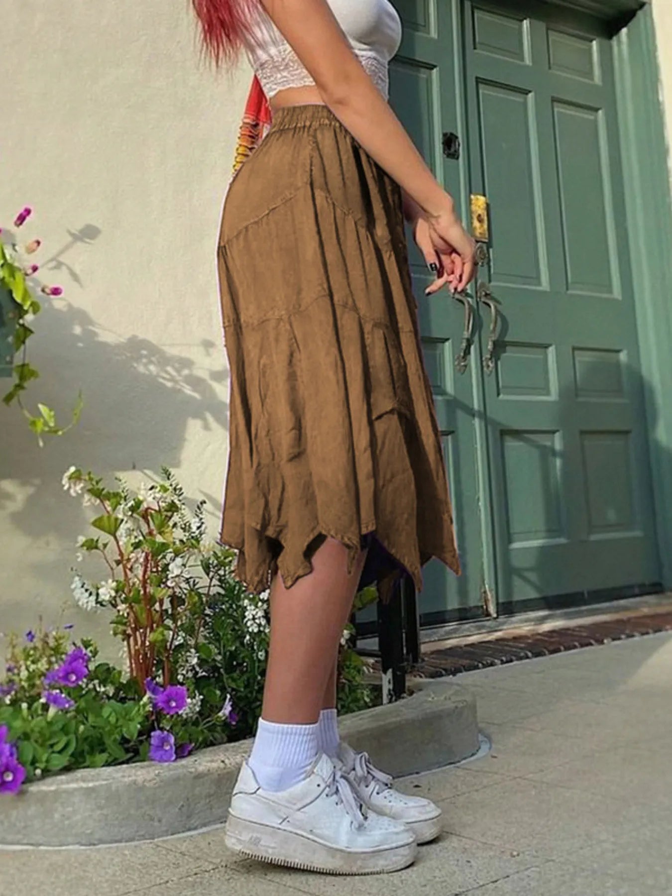 Asymmetrical Hem Midi Skirt with Drawstring Waist - Tigbul's Variety Fashion Shop