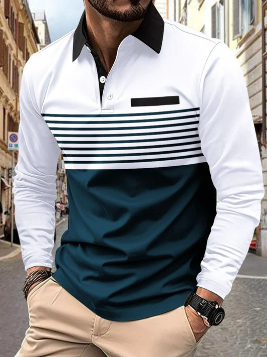 Men's Collared Neck Long Sleeve Striped Polo - Tigbul's Variety Fashion Shop